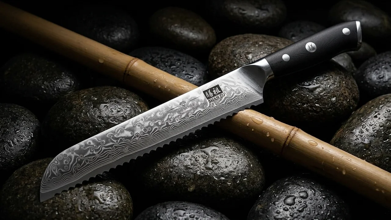 SHAN ZU Cuchillo Panero 20 cm Damasco PRO, 67 Capas 10Cr15MoV Serrado, Mango G10