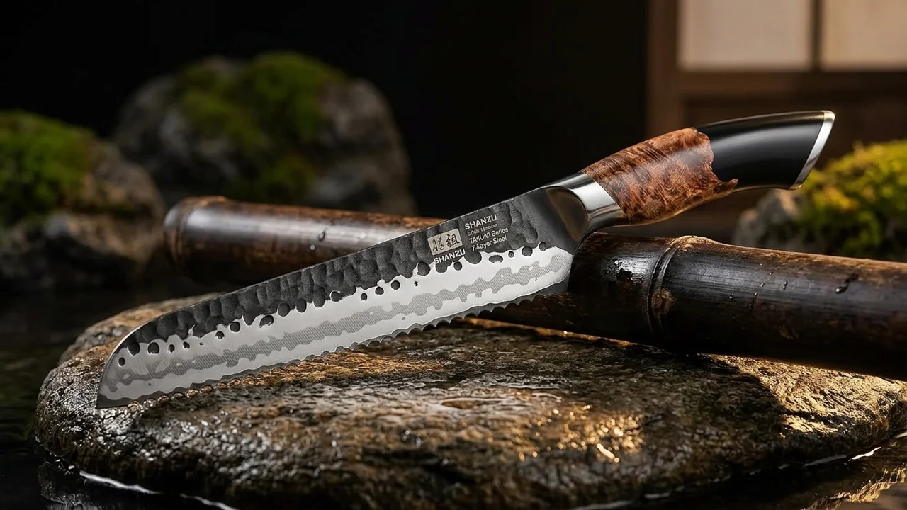 SHAN ZU Cuchillo Panero 20 cm Serrado, Acero 7 Capas 10Cr15MoV, Mango de Arce
