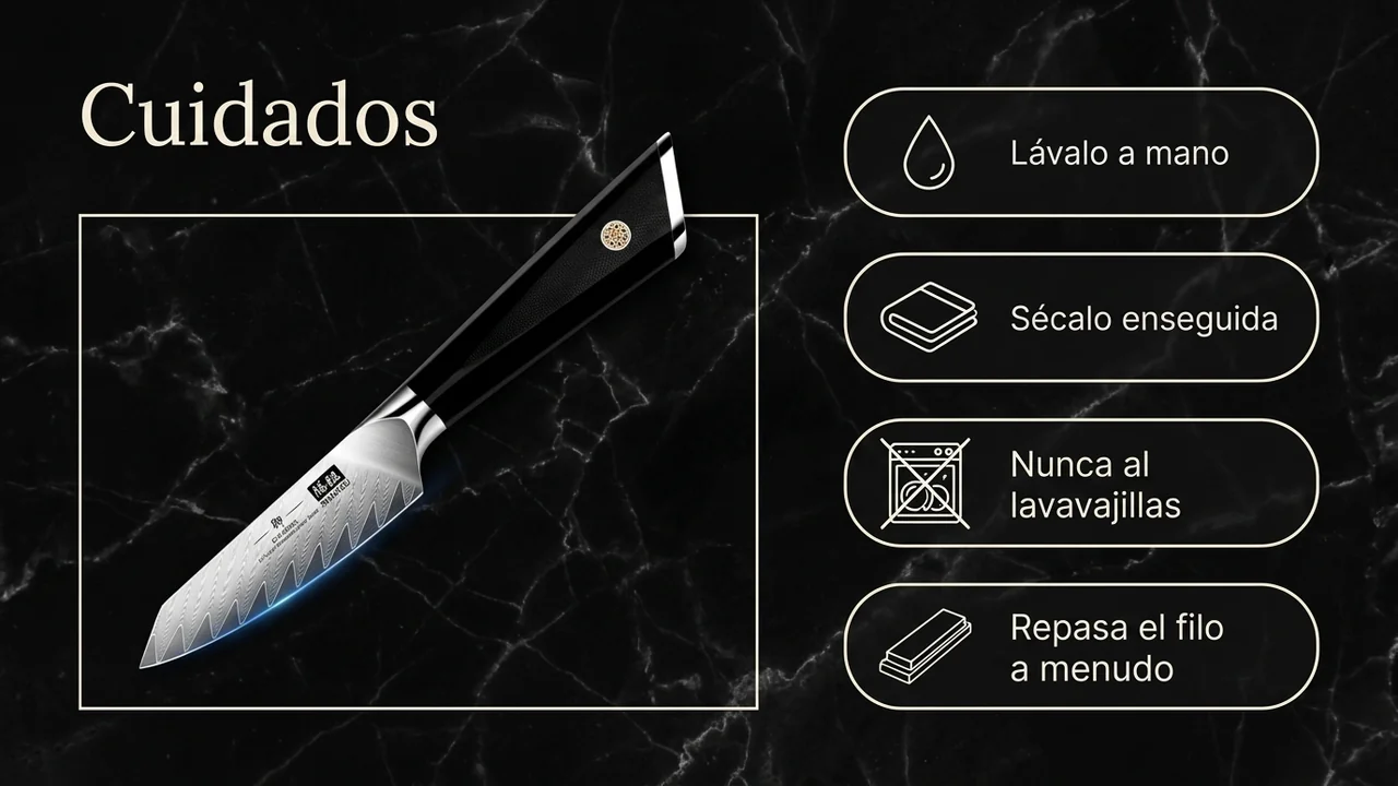 Cuidados del pelador SHAN ZU GYO: lavado a mano, secado enseguida, nunca al lavavajillas y repaso frecuente del filo