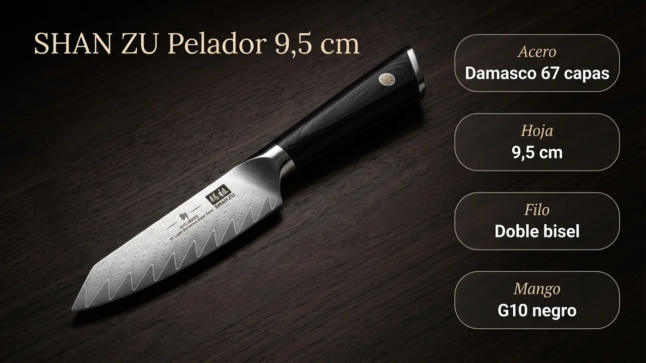 Ficha técnica del pelador SHAN ZU GYO: acero damasco de 67 capas, hoja de 9,5 cm, doble bisel y mango de G10 negro