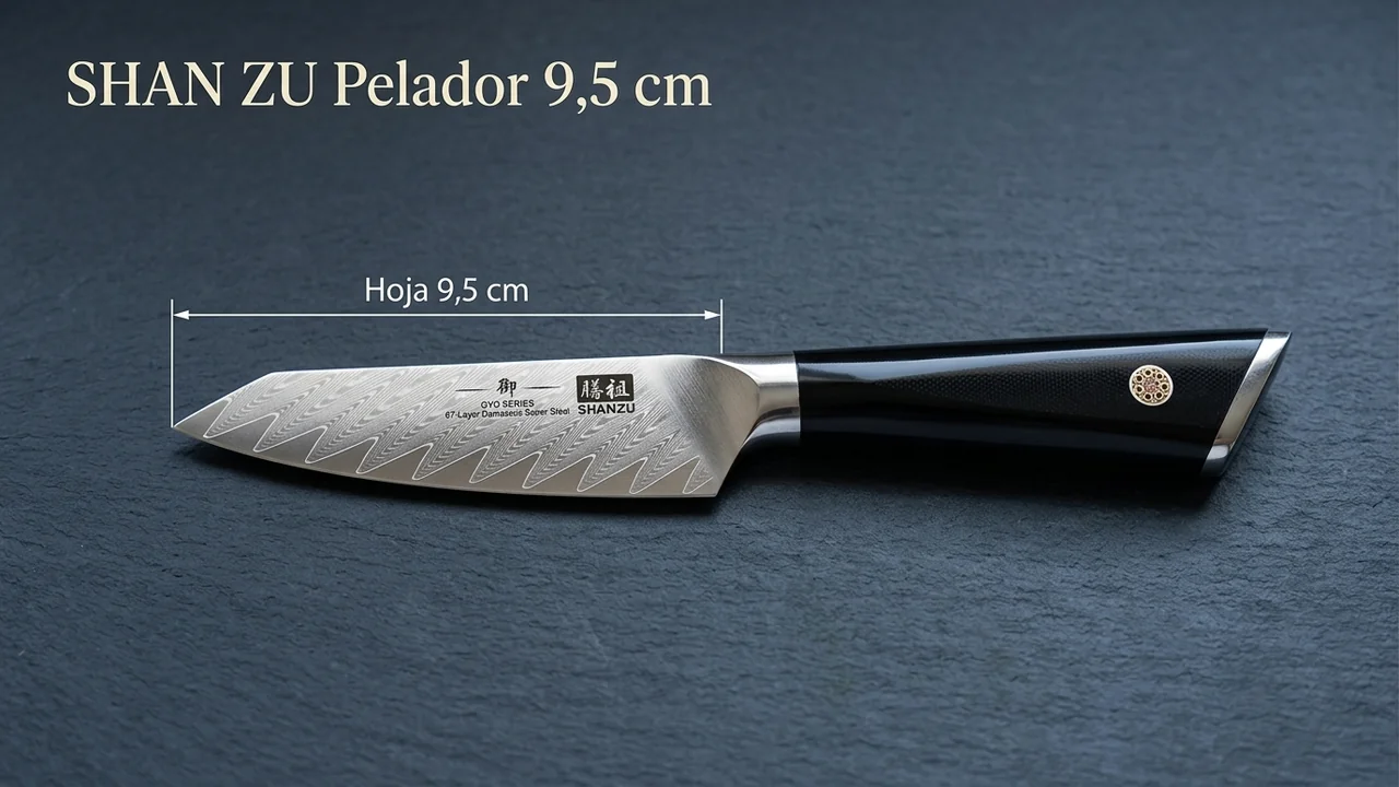 Cuchillo pelador SHAN ZU serie GYO sobre piedra oscura, con la cota de la hoja de 9,5 cm de la punta al talón