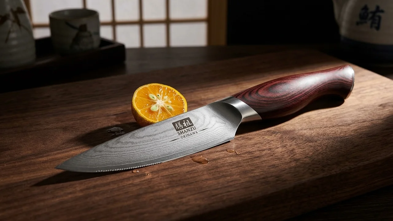 SHAN ZU Cuchillo Pelador 10 cm OKINAWA, Acero 5 Capas 10Cr15MoV, Mango Pakka