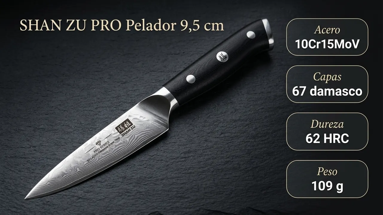 Datos del pelador SHAN ZU PRO: núcleo 10Cr15MoV, 67 capas de damasco, 62 HRC y 109 gramos de peso