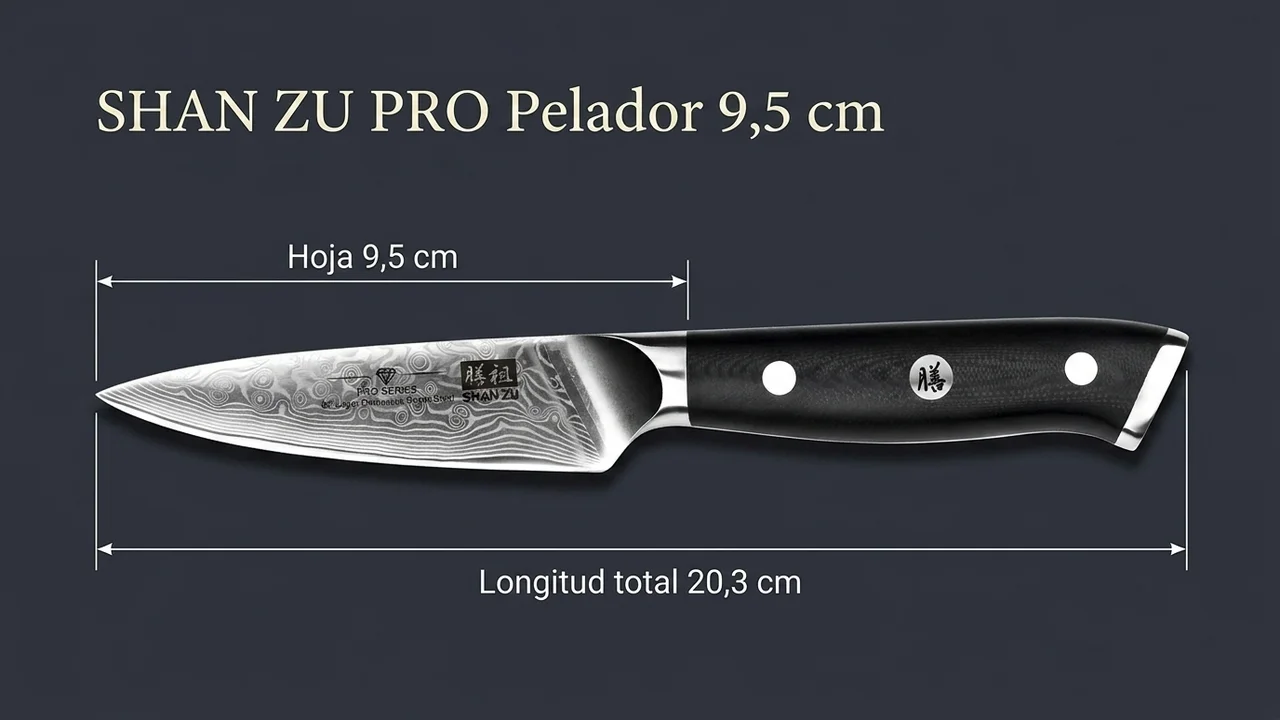 Cuchillo pelador SHAN ZU PRO de damasco acotado: hoja de 9,5 cm y 20,3 cm de longitud total