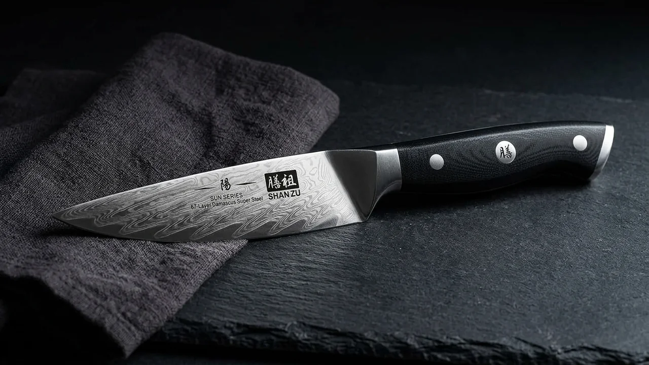 SHAN ZU Cuchillo de Fruta 9,5 cm Damasco AUS-10 SUN, 67 Capas, Mango G10