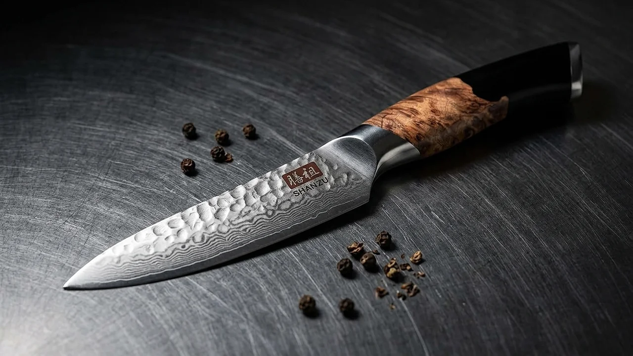 SHAN ZU Cuchillo Pelador 9,5 cm Tradicional, Acero 7 Capas 10Cr15MoV, Mango de Arce