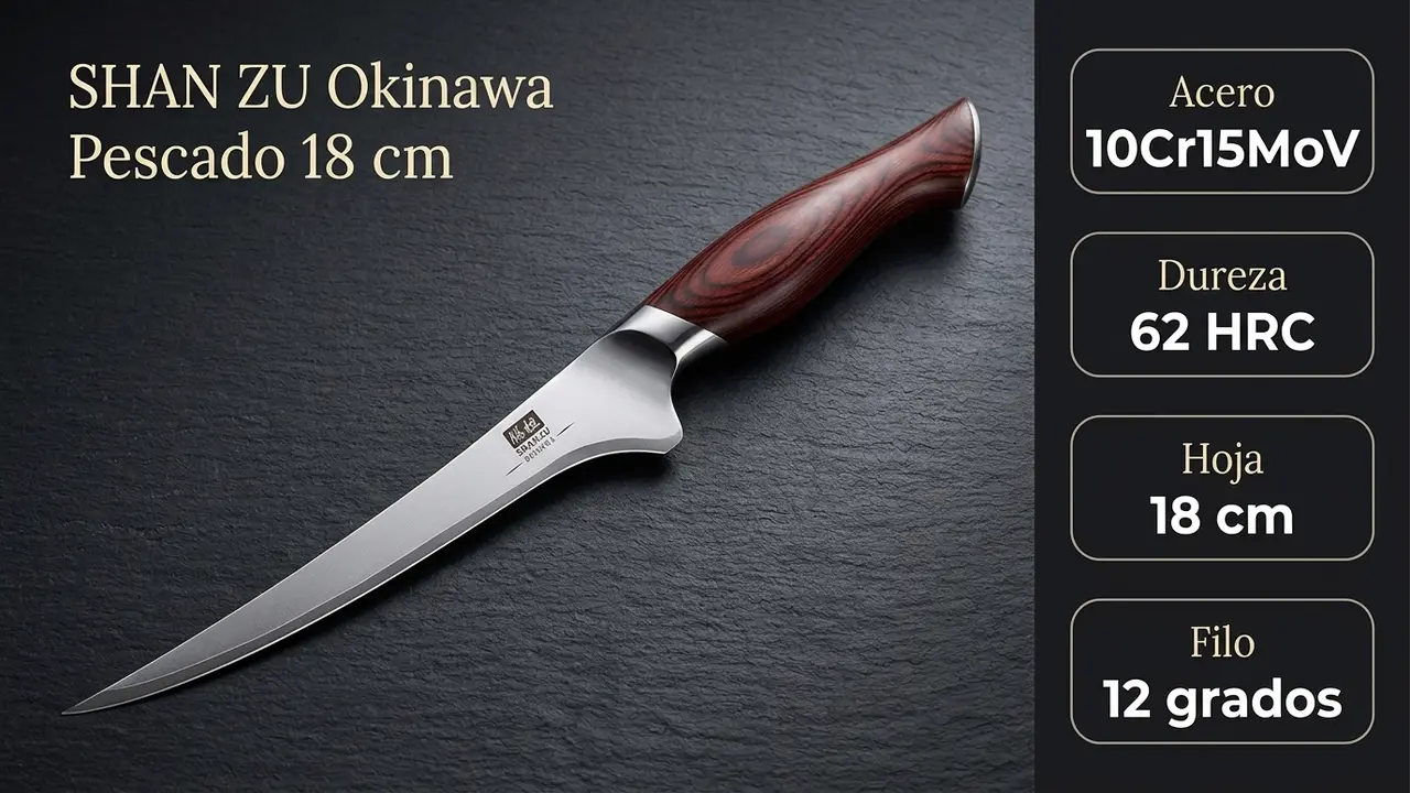 Datos del cuchillo de pescado SHAN ZU Okinawa: acero 10Cr15MoV de 62 HRC y filo a 12 grados