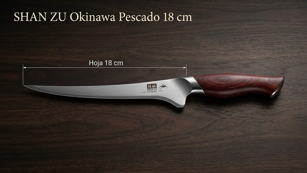 Cuchillo de pescado SHAN ZU Okinawa acotado: hoja flexible y estrecha de 18 cm