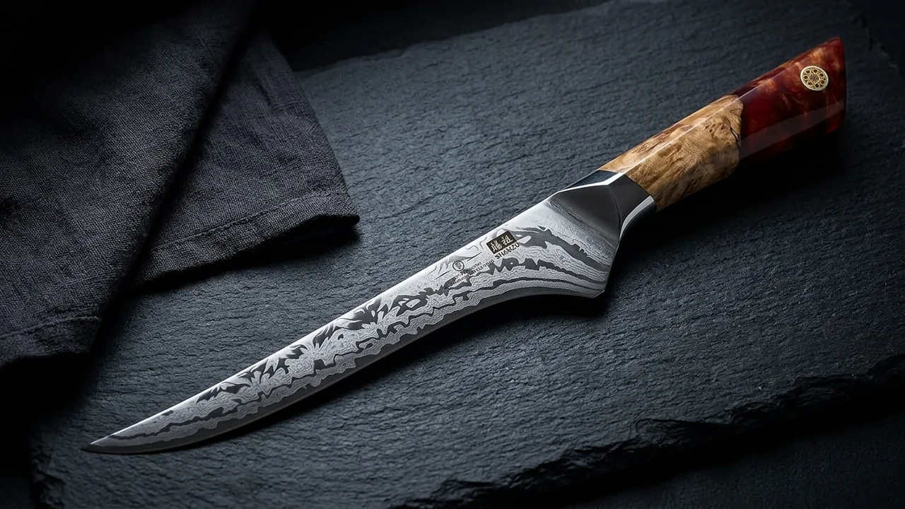 SHAN ZU Cuchillo de Pescado / Deshuesador 18 cm Damasco SG2 WHITE TIGER, 91 Capas, Mango de Arce
