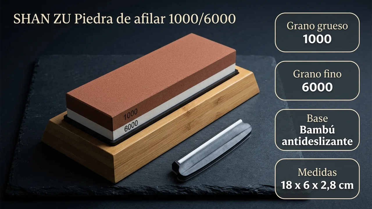 Datos de la piedra de afilar SHAN ZU: cara de grano 1000 para recuperar el filo, cara de 6000 para pulirlo y base de bambú antideslizante