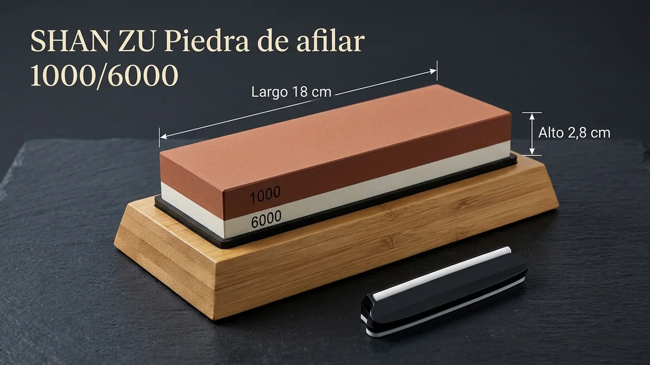 Piedra de afilar SHAN ZU 1000/6000 acotada sobre su base de bambú: 18 cm de largo y 2,8 cm de grosor