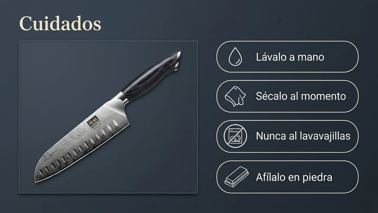 Cuidados del santoku SHAN ZU de acero en polvo: lavar a mano, secar al momento, nunca al lavavajillas y afilar en piedra