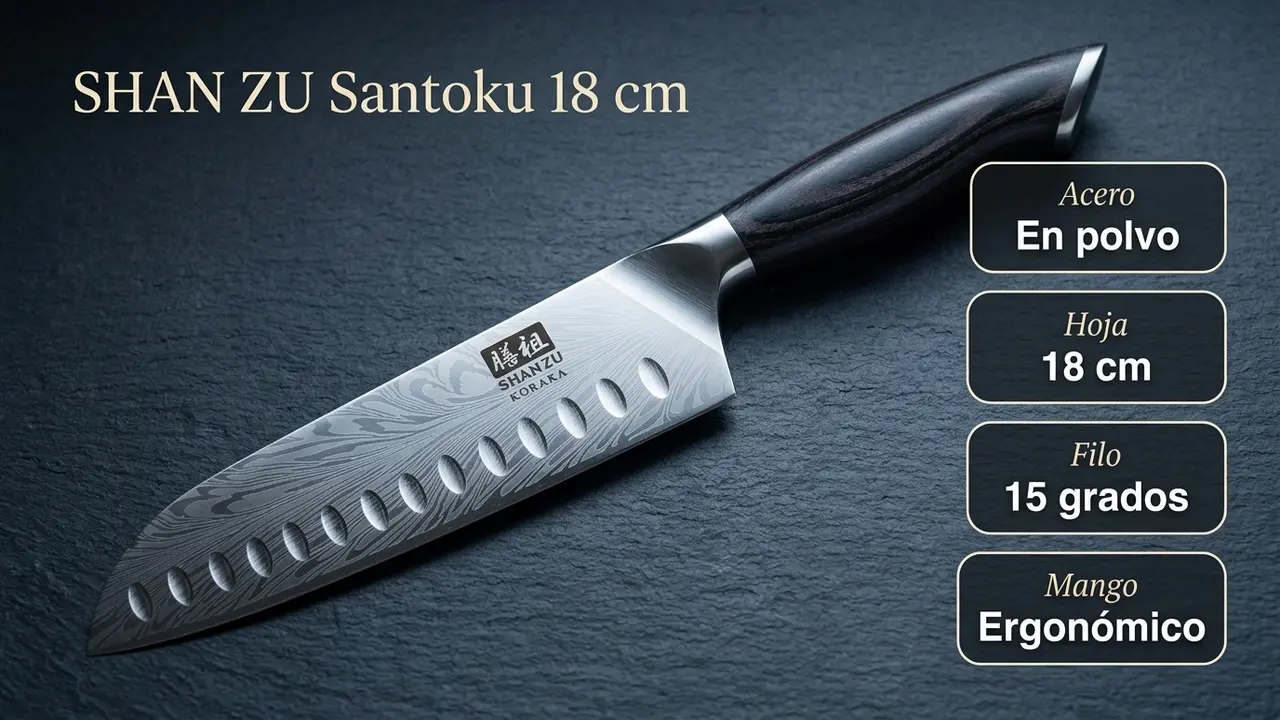 Datos del santoku SHAN ZU de acero en polvo: hoja de 18 cm, filo a 15 grados y mango ergonómico de madera