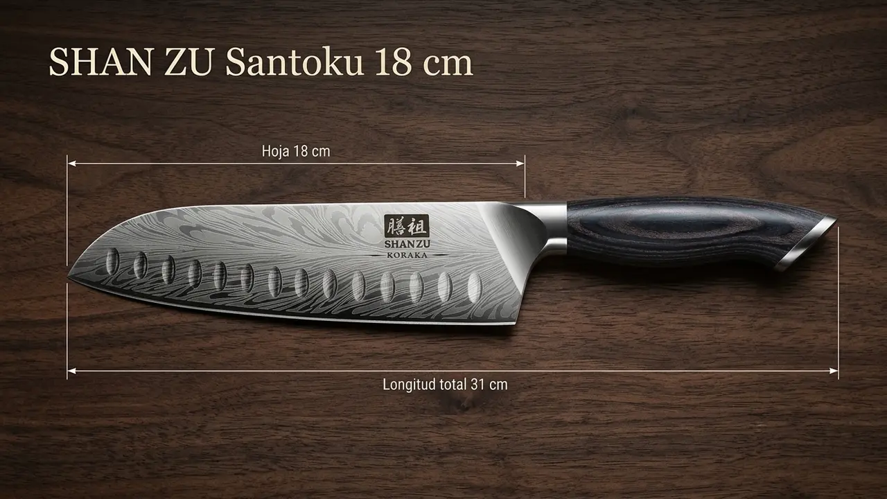 Santoku SHAN ZU de acero en polvo acotado: hoja alveolada de 18 cm y 31 cm de longitud total