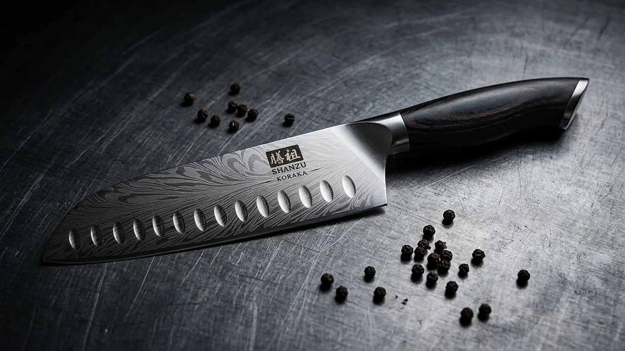 SHAN ZU Cuchillo Santoku 18 cm Acero en Polvo, 63 HRC, Mango Pakka