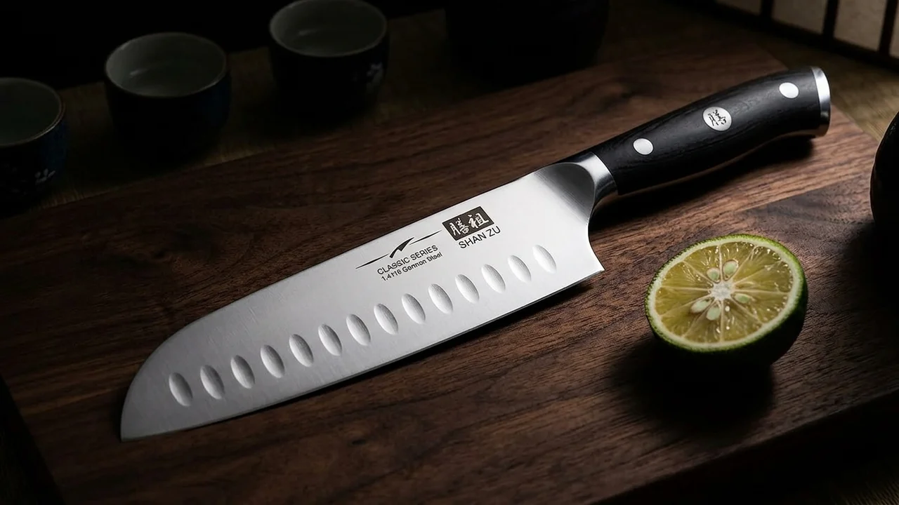 SHAN ZU Cuchillo Santoku 18 cm, Acero Inoxidable Alemán 1.4116 (5Cr15), Mango Pakka