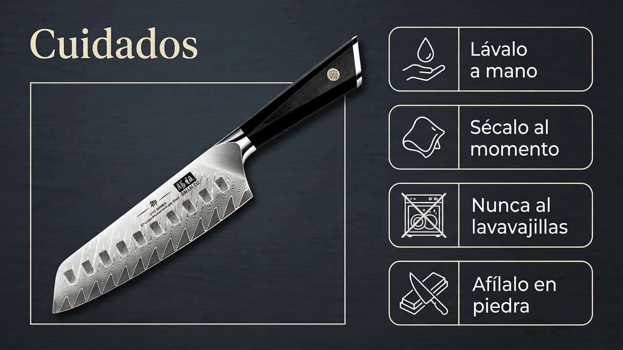 Cuidados del santoku SHAN ZU GYO de damasco: lavar a mano, secar al momento, nunca al lavavajillas y afilar en piedra