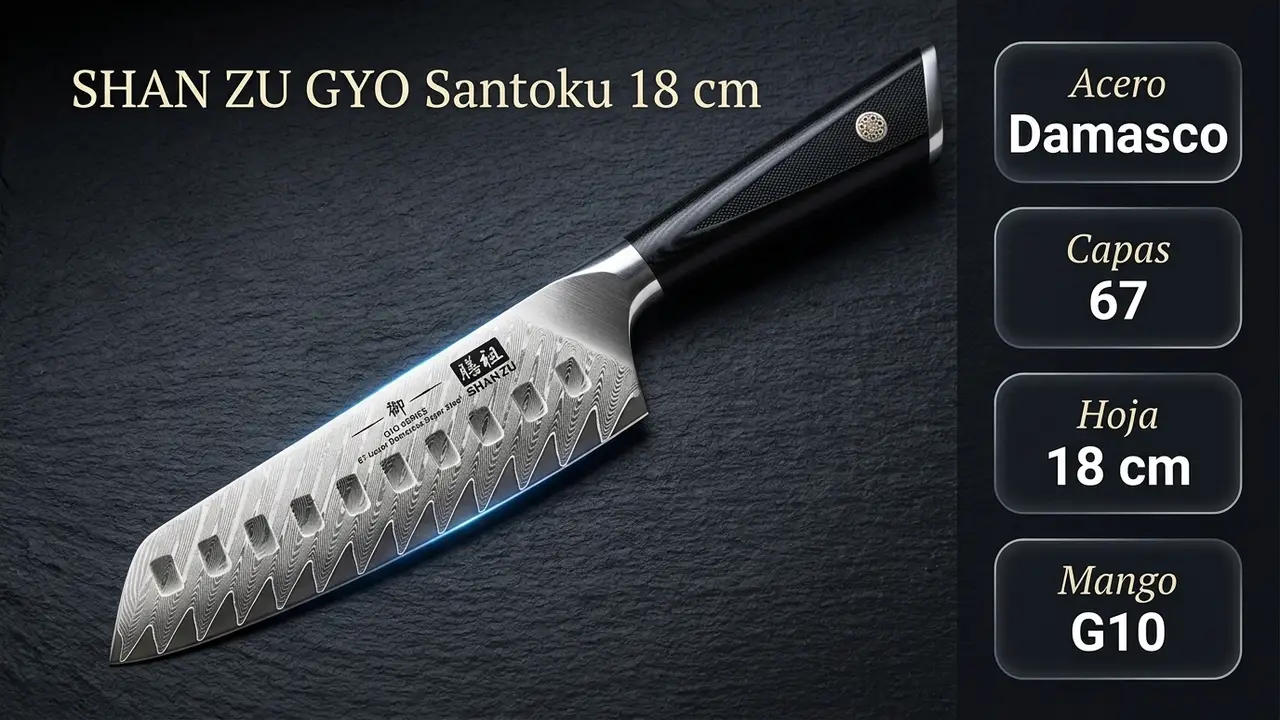 Datos del santoku SHAN ZU GYO: acero damasco de 67 capas, hoja de 18 cm y mango G10 negro