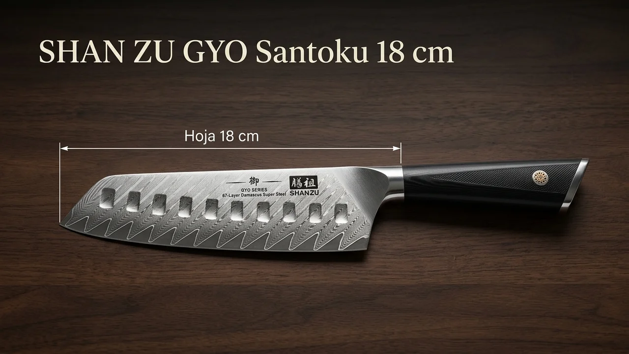Santoku SHAN ZU GYO de damasco acotado: hoja alveolada de 18 cm con patrón de 67 capas