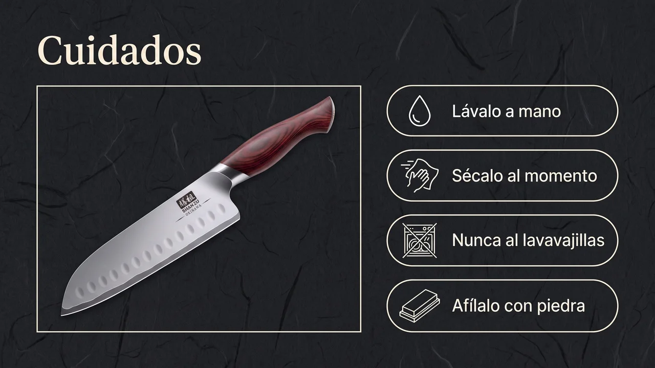 Cuidados del santoku SHAN ZU Okinawa: lavado a mano, secado inmediato, nunca al lavavajillas y afilado con piedra