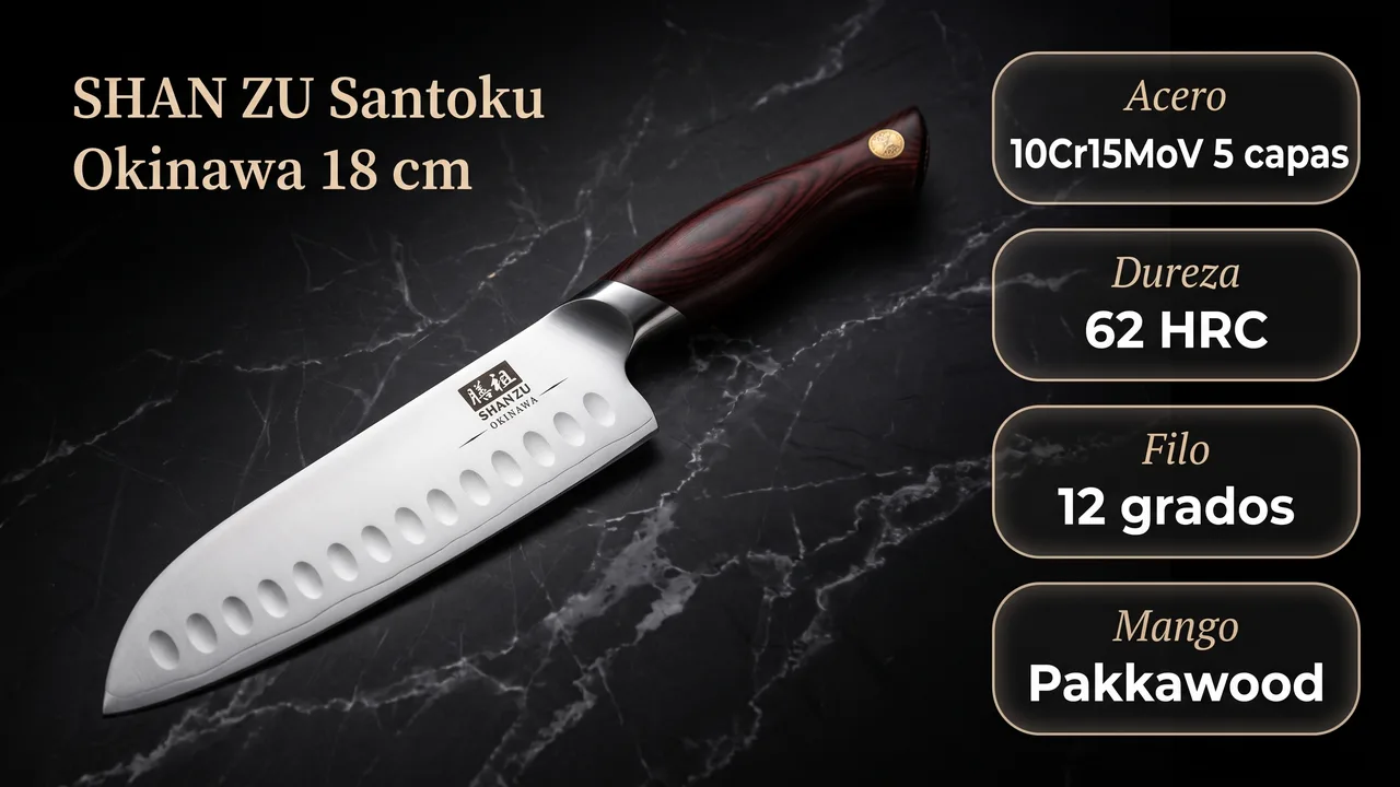 Ficha tecnica del santoku SHAN ZU Okinawa: acero 10Cr15MoV de 5 capas, 62 HRC, filo a 12 grados y mango de pakkawood