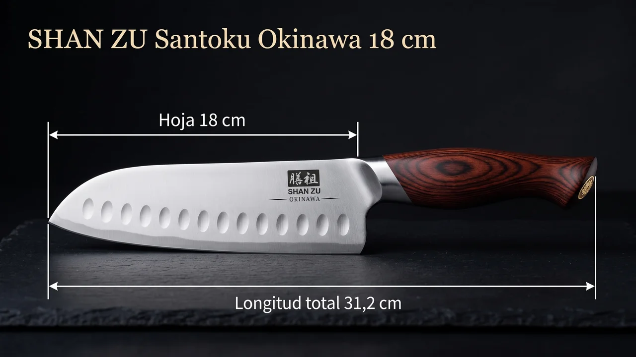 Medidas del santoku SHAN ZU Okinawa: hoja de 18 cm y 31,2 cm de longitud total
