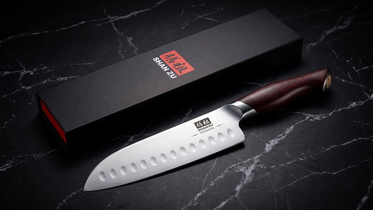 Santoku SHAN ZU Okinawa de 18 cm junto a su caja negra de regalo con el sello de la marca