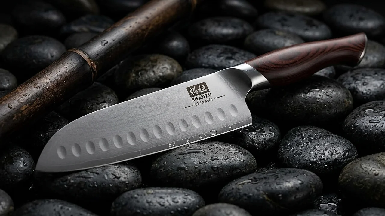 SHAN ZU Cuchillo Santoku 18 cm OKINAWA, Acero 5 Capas 10Cr15MoV, Mango Pakka Mate