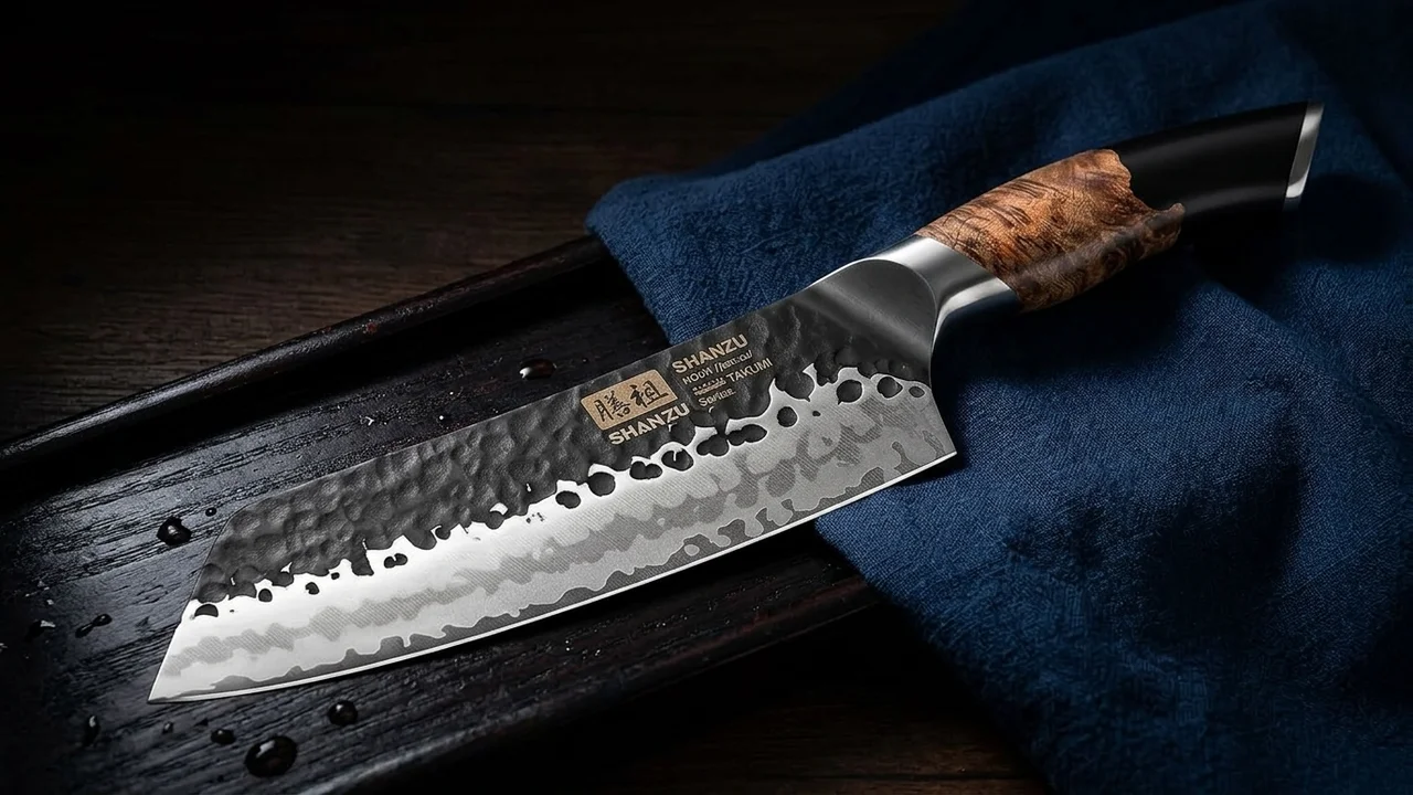 SHAN ZU Cuchillo Santoku 18 cm Tradicional, Acero 7 Capas 10Cr15MoV, Mango de Arce