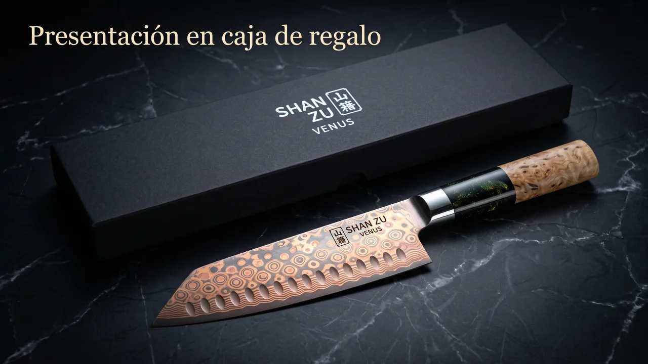 Santoku SHAN ZU Venus de damasco de cobre junto a su caja de regalo negra