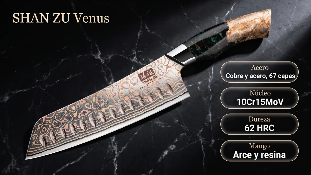 Ficha tecnica del SHAN ZU Venus: damasco de cobre y acero de 67 capas, nucleo 10Cr15MoV, 62 HRC y mango de arce con resina
