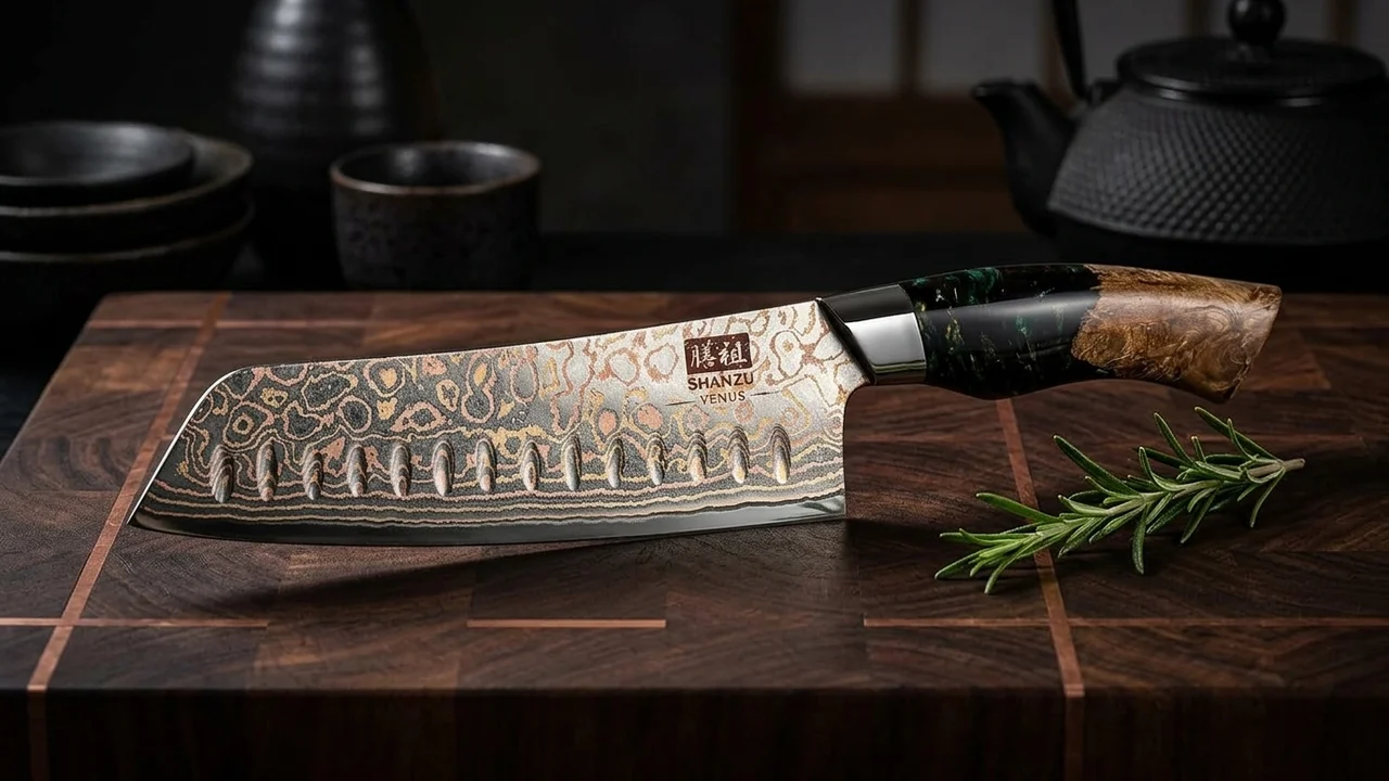SHAN ZU Cuchillo Santoku 20 cm Damasco de Cobre VENUS, 67 Capas Cobre+Acero, Mango de Arce