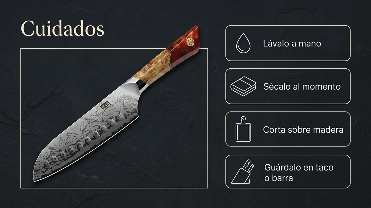 Cuidados del santoku SHAN ZU White Tiger: lavado a mano, secado al momento, corte sobre madera y guardado en taco o barra