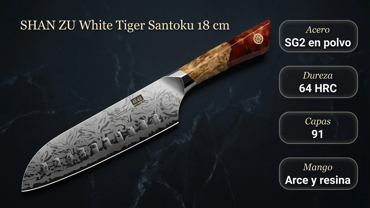 Ficha técnica del santoku SHAN ZU White Tiger: acero en polvo SG2, 64 HRC, damasco de 91 capas y mango de arce con resina