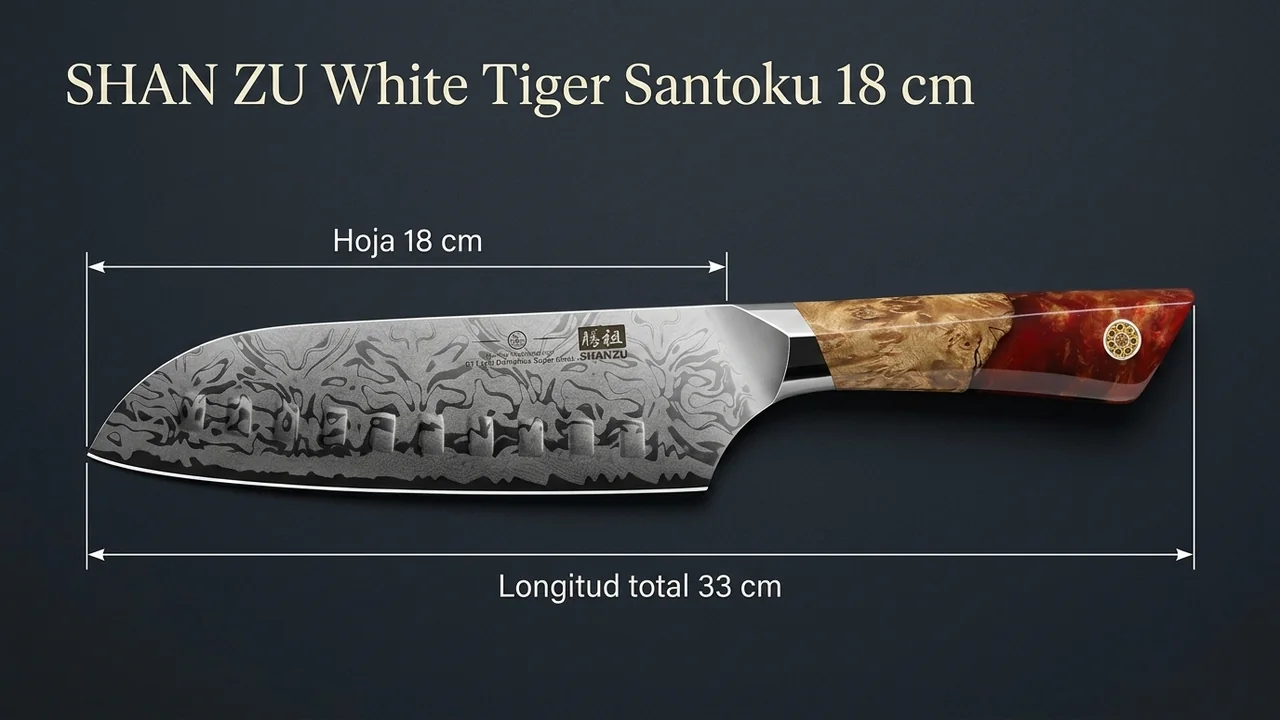 Cuchillo santoku SHAN ZU White Tiger sobre madera oscura, acotado con 18 cm de hoja y 33 cm de longitud total