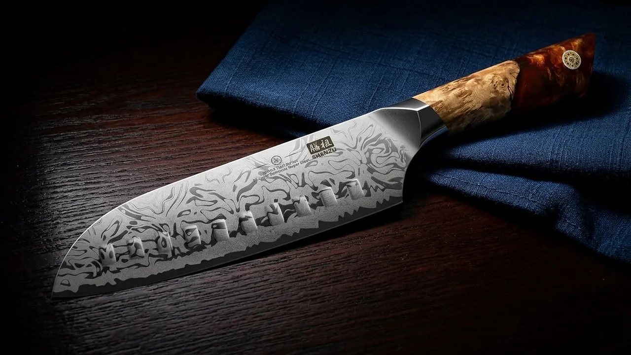 SHAN ZU Cuchillo Santoku 18 cm Damasco SG2 WHITE TIGER, 91 Capas, Mango de Arce