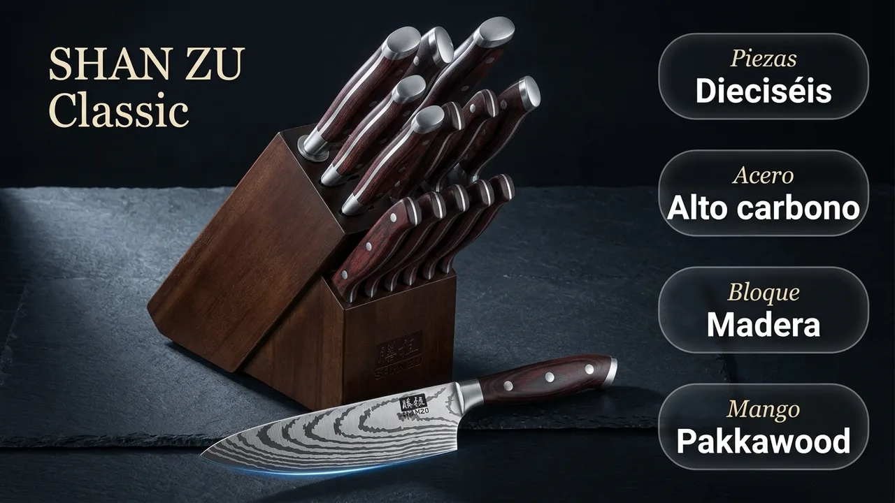 Datos del juego SHAN ZU Classic de dieciséis piezas: acero de alto carbono, bloque de madera y mango de pakkawood