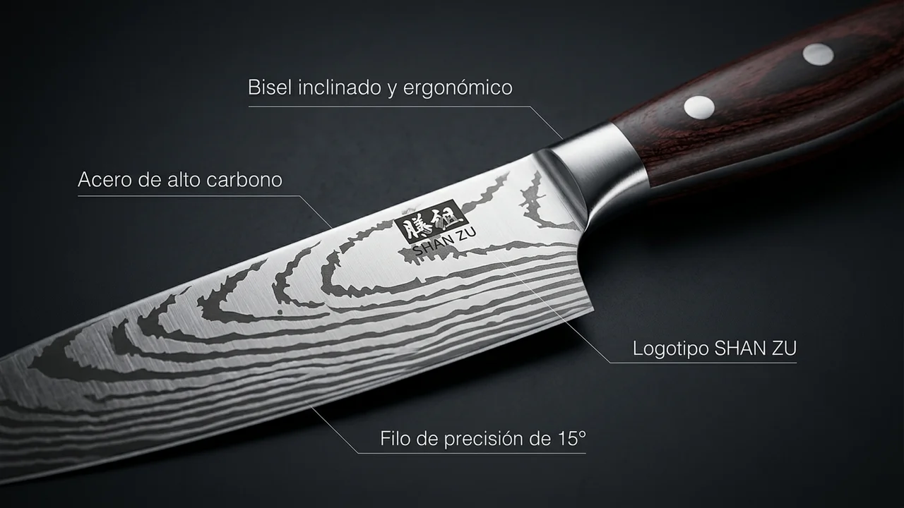 Detalle del cuchillo de chef SHAN ZU: hoja de acero al alto carbono con patrón de olas, bisel inclinado, filo a 15 grados y mango de pakkawood