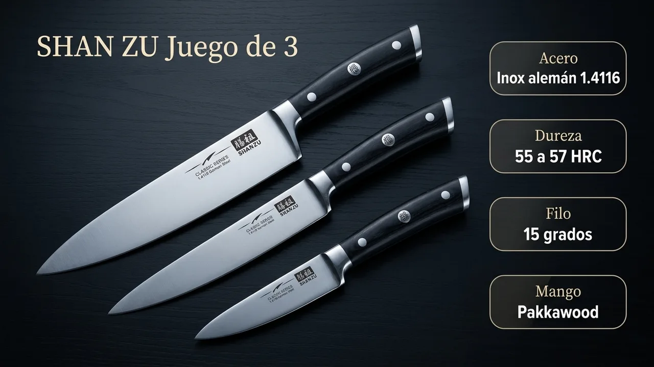 Datos del juego SHAN ZU Classic: acero inoxidable alemán 1.4116 de 55 a 57 HRC, filo a 15 grados y mangos de pakkawood