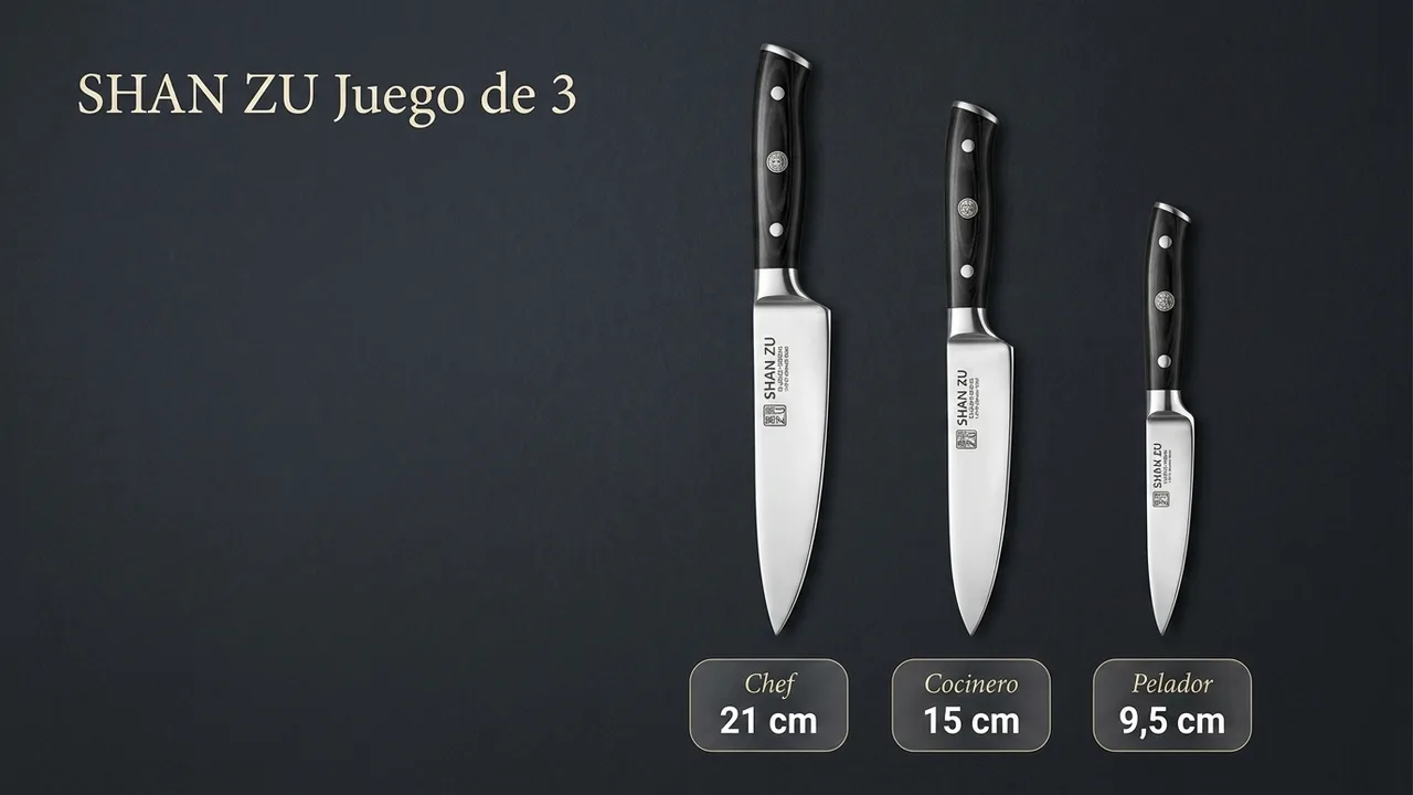 Las tres piezas del juego SHAN ZU Classic: chef de 21 cm, cocinero de 15 cm y pelador de 9,5 cm