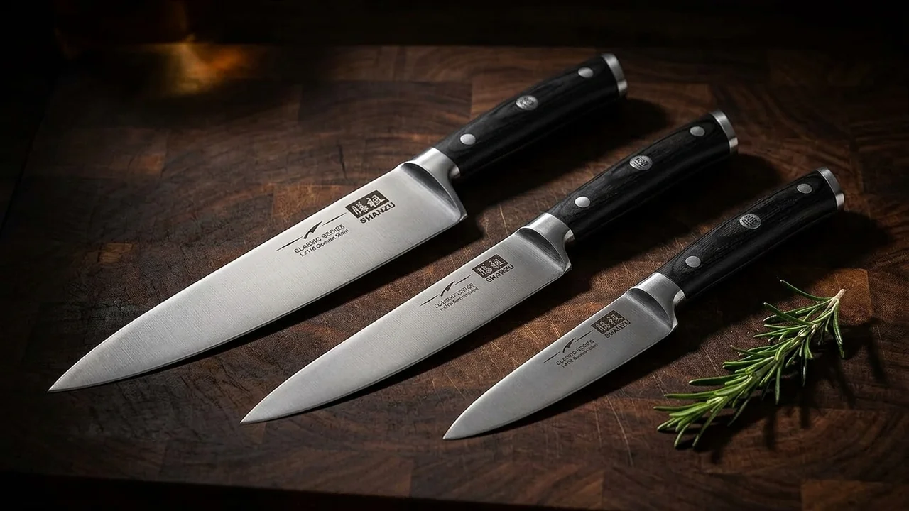 SHAN ZU Juego 3 Cuchillos (Chef 20 + Universal 15 + Pelador 9,5 cm), Acero Inoxidable Alemán