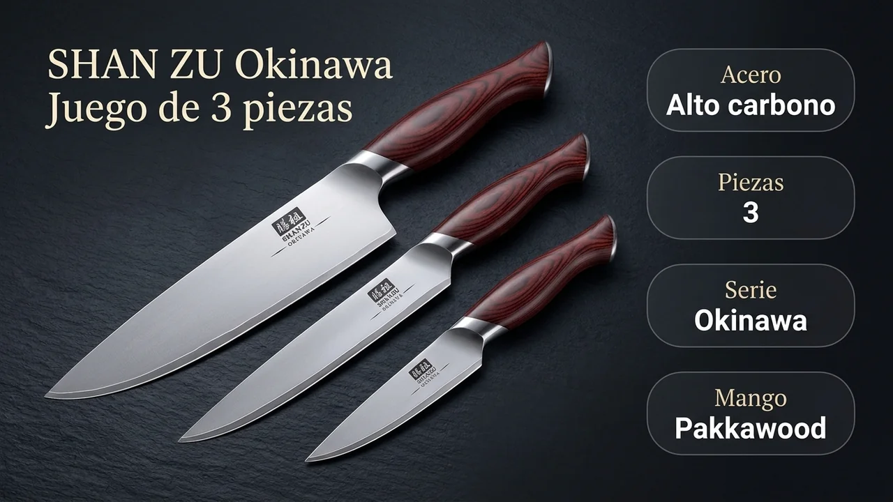 Ficha técnica del juego SHAN ZU Okinawa: acero de alto carbono, tres piezas y mangos de pakkawood