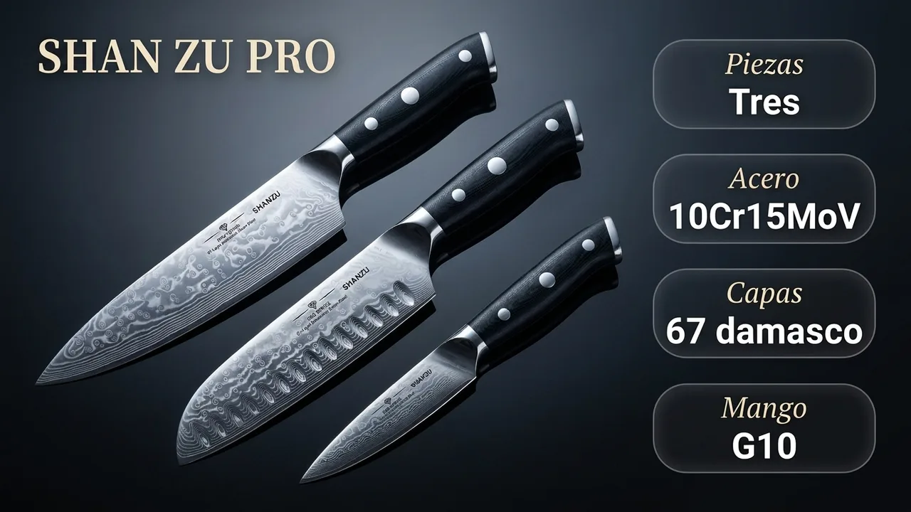 Datos del juego SHAN ZU PRO de tres piezas: núcleo 10Cr15MoV, 67 capas de damasco y mango G10