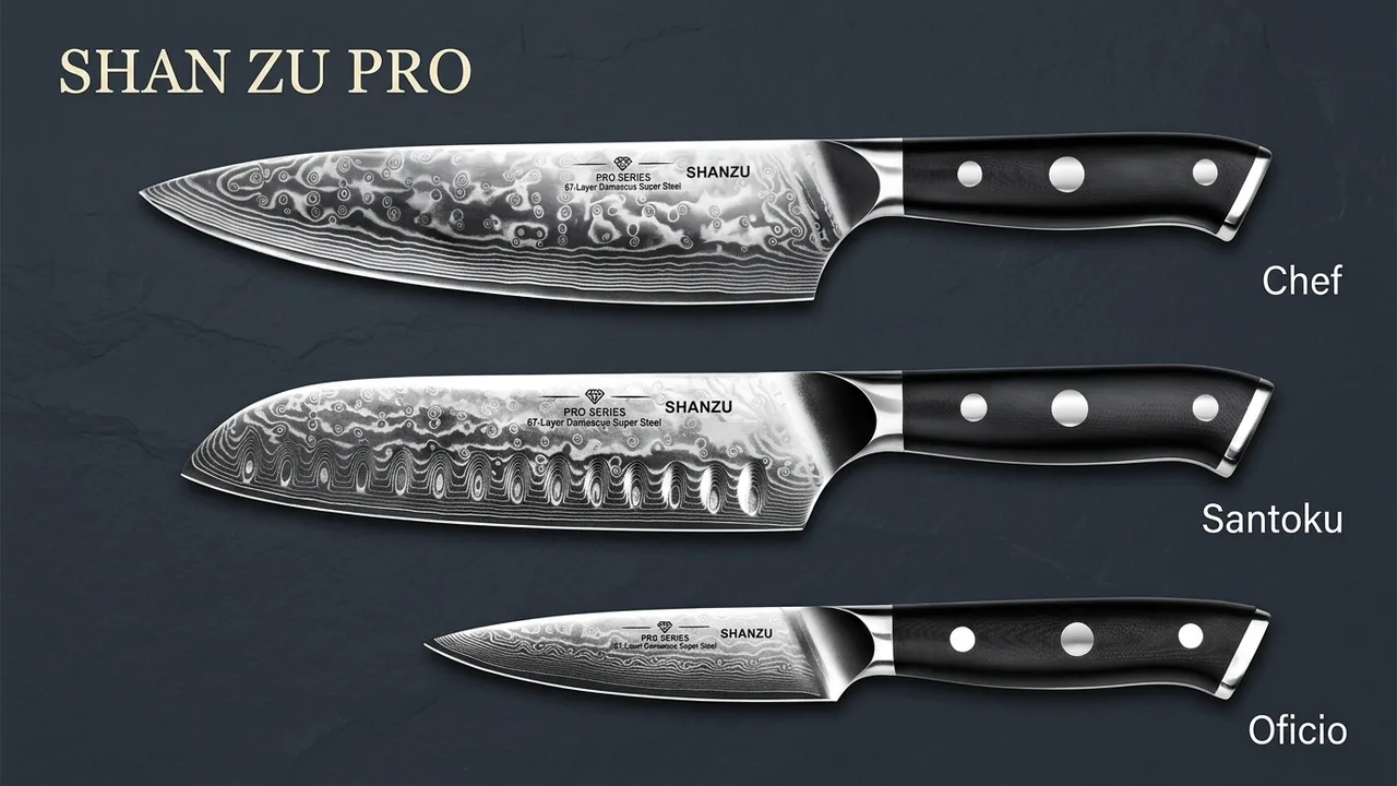 Las tres piezas del juego SHAN ZU PRO de damasco: cuchillo de chef, santoku y cuchillo de oficio