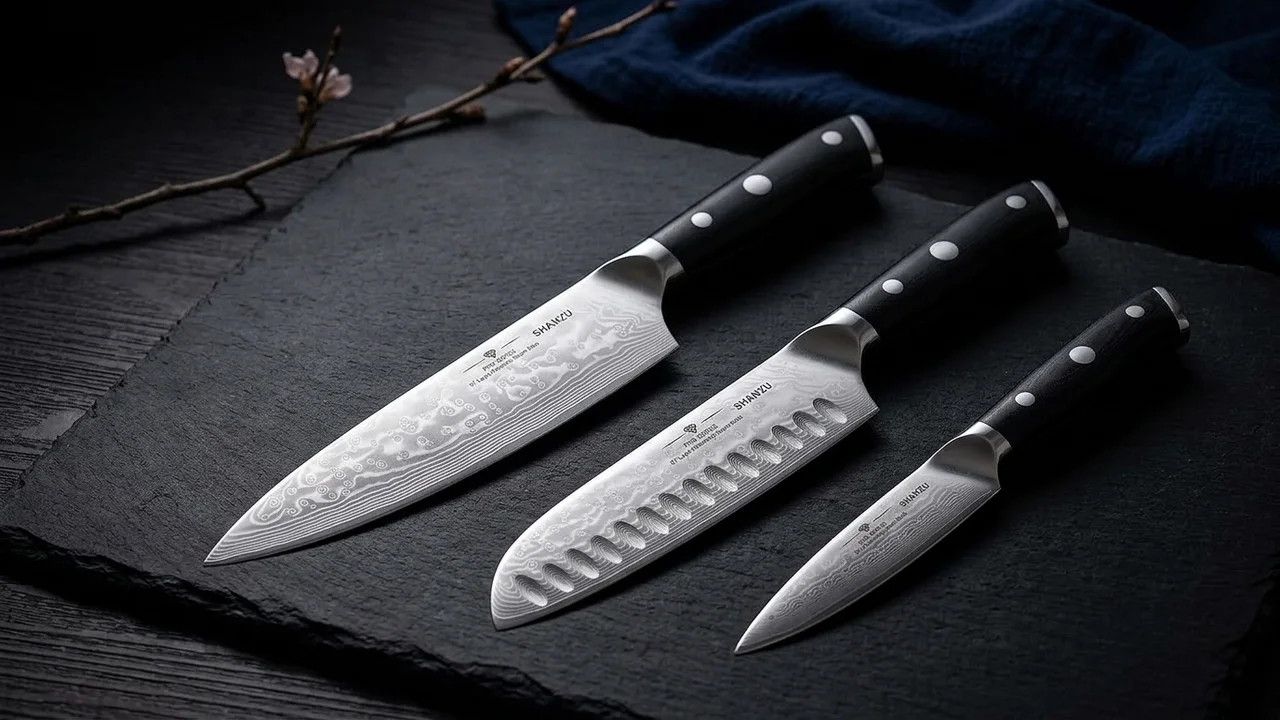 SHAN ZU PRO Series Juego 3 Cuchillos (Chef + Santoku + Pelador), Damasco 67 Capas 10Cr15MoV