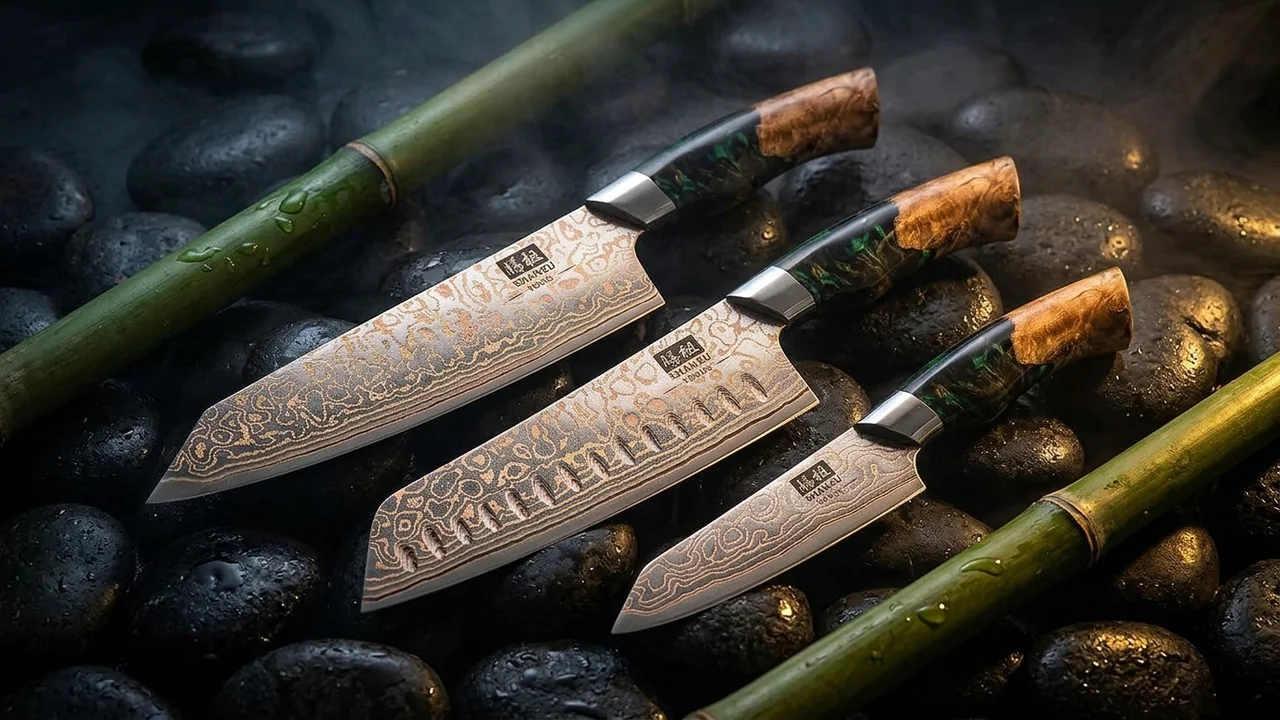 SHAN ZU Juego 3 Cuchillos Damasco de Cobre VENUS (Chef 20 + Santoku 18 + Fruta 9,5 cm), Mango de Arce
