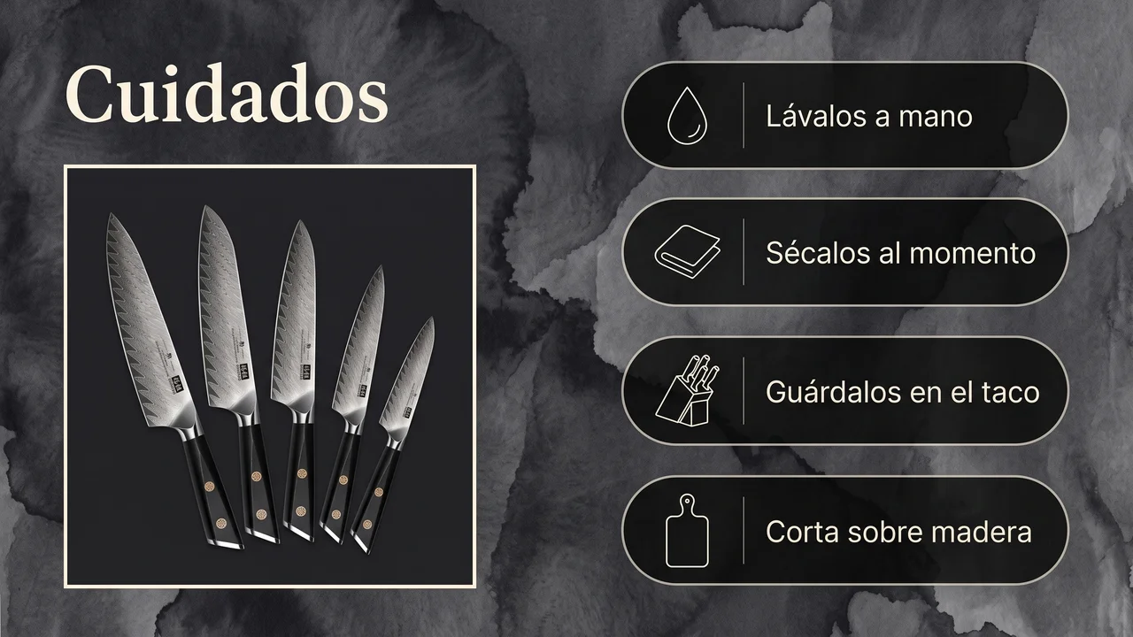 Cuidados del juego SHAN ZU GYO: lavado a mano, secado inmediato, guardado en el taco y corte sobre madera