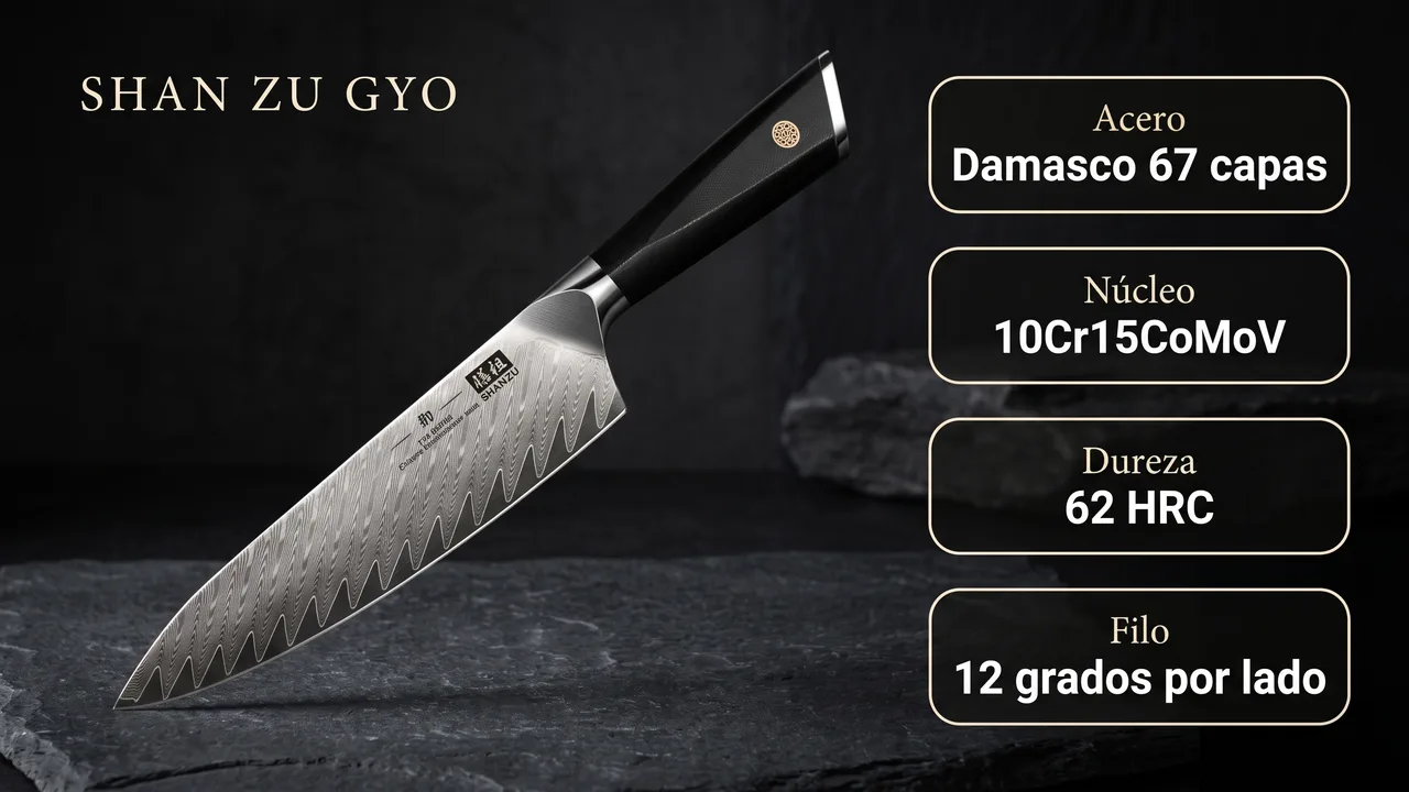 Ficha tecnica del juego SHAN ZU GYO: damasco de 67 capas, nucleo 10Cr15CoMoV, 62 HRC y filo a 12 grados por lado