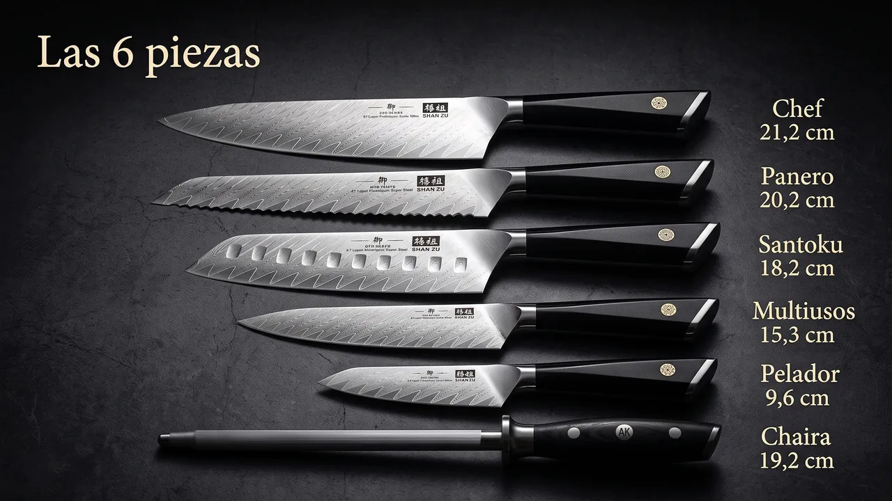 Las seis piezas del juego SHAN ZU GYO: chef de 21,2 cm, panero de 20,2 cm, santoku de 18,2 cm, multiusos de 15,3 cm, pelador de 9,6 cm y chaira de 19,2 cm