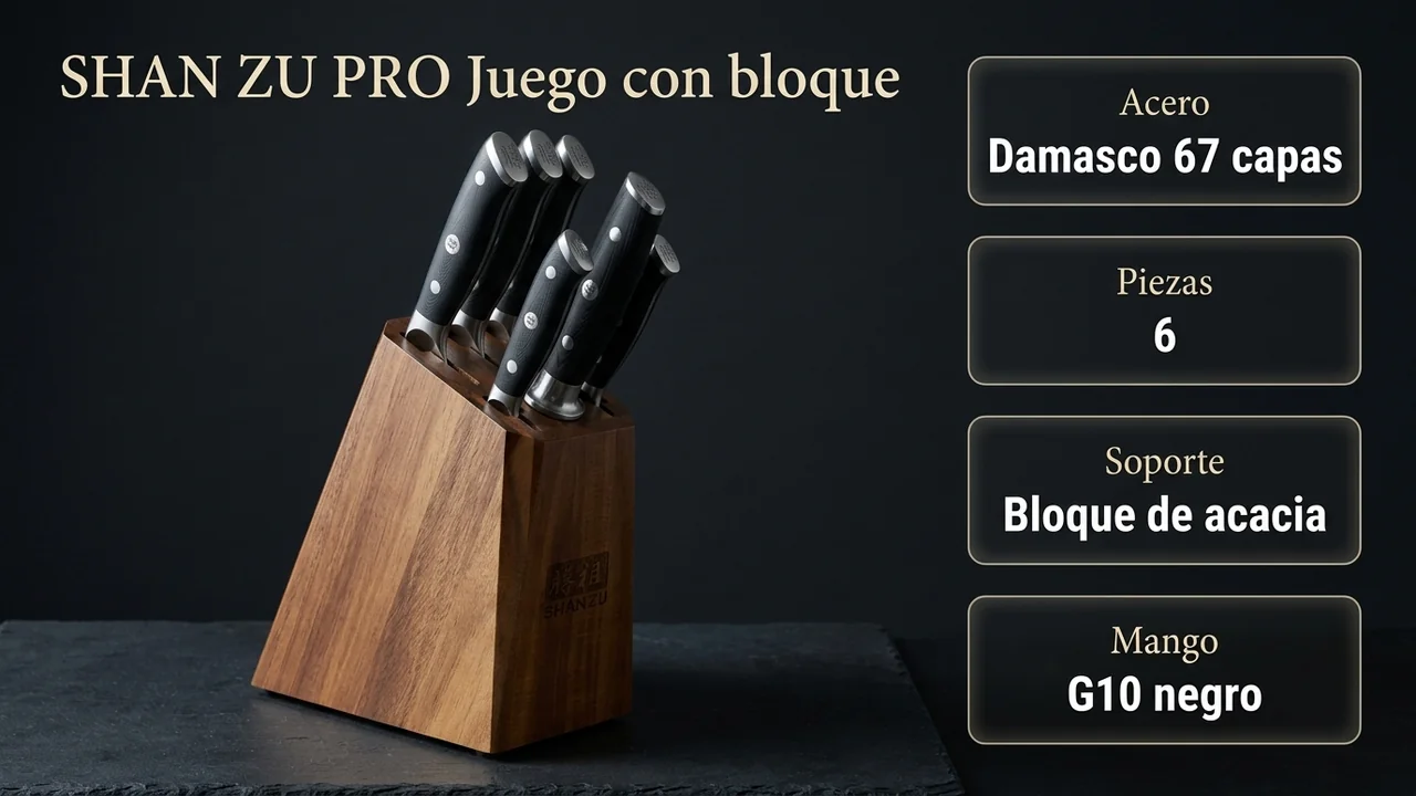 Ficha técnica del juego SHAN ZU PRO: acero damasco de 67 capas, seis piezas, bloque de acacia y mangos de G10 negro